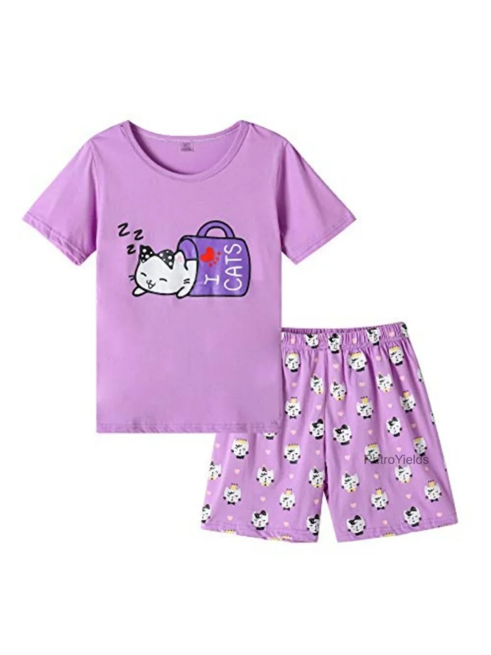 Girls Cotton Sleepwear Pajama Set Cute Cat Print Short Sleeve Nighty Comfy